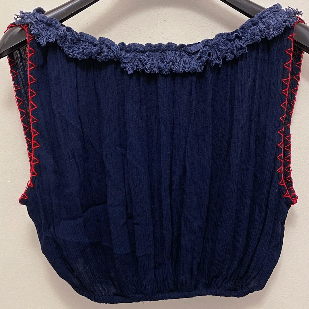 Sensi Studio Navy Blue Cotton Red Whipstitch Fringe Crop Top Tank L Net-A-Porter